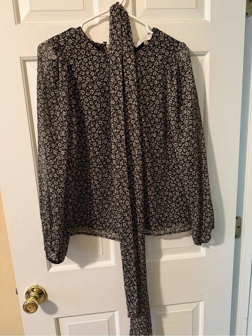 LOFT Black and White Floral Tie-Neck Blouse